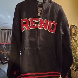 Black Zip-Up Hoodie with Red RENO Lettering